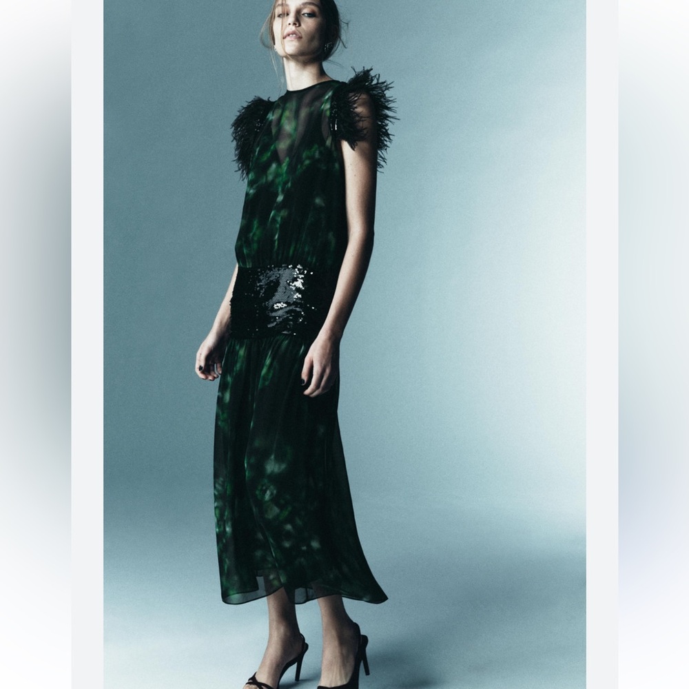 Zara Limited Combination Printed Maxi Dress Green Feather Sequin Evening Med NWT - Picture 3 of 17
